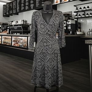 Garnet Hill Jersey Dress Minimalist Casual Knit Faux Wrap Deep V Knee Legnth